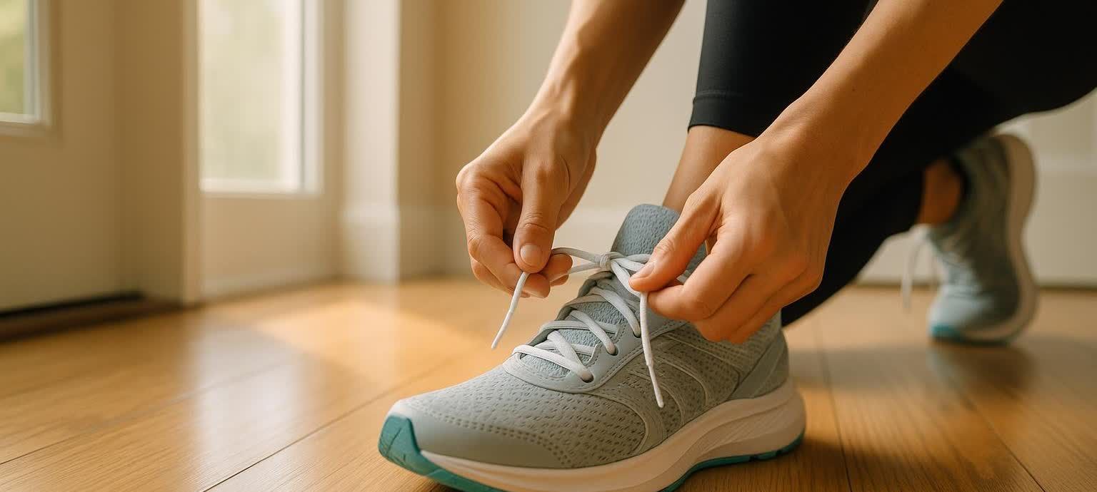 Close-up of a person's hands lacing up their light blue and white running shoes on a polished wood floor. This image symbolizes preparation for exercise or an active lifestyle.