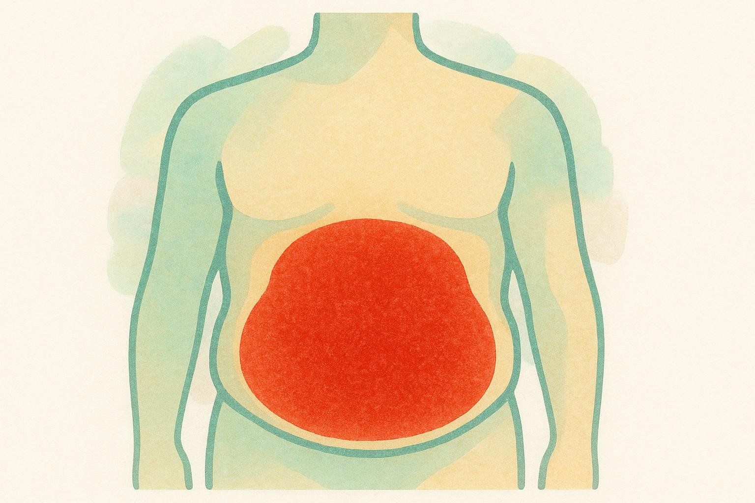 A stylized diagram of a human torso with a large red oval shape in the abdomen representing the accumulation of visceral fat.