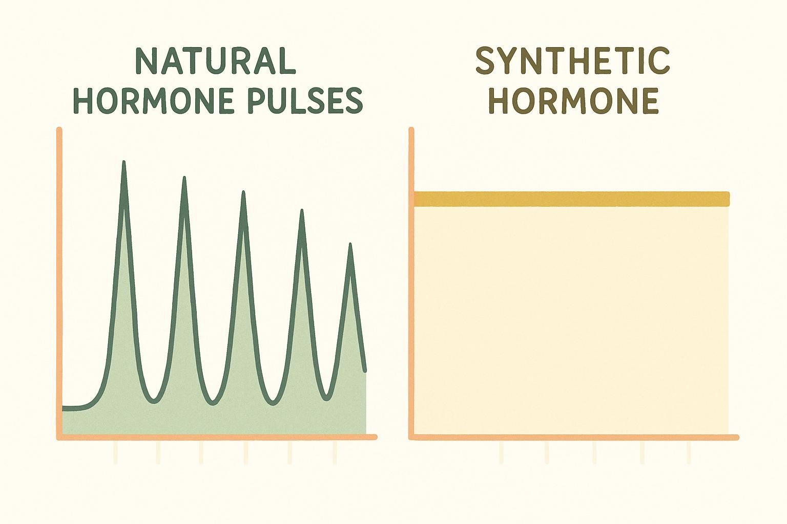 A graph comparing a natural, pulsatile release pattern with the constant levels from a synthetic substance.