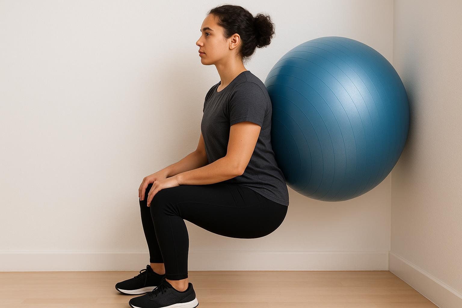 A person with dark hair in a bun, wearing a grey t-shirt and black leggings, performs a wall squat with a blue stability ball against their back and a light-colored wall. They are looking to the left with a focused expression.