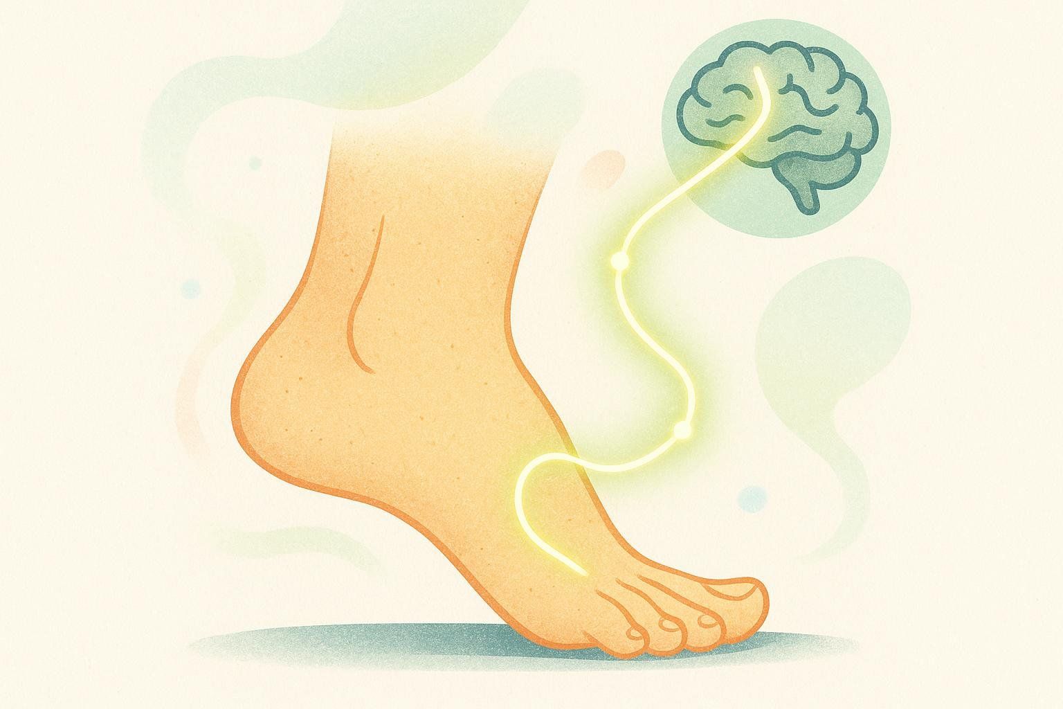 An illustration showing a human foot with a glowing yellow line extending from it, upwards and into a stylized green brain. This represents sensory signals traveling from the foot to the brain, illustrating proprioception and balance.