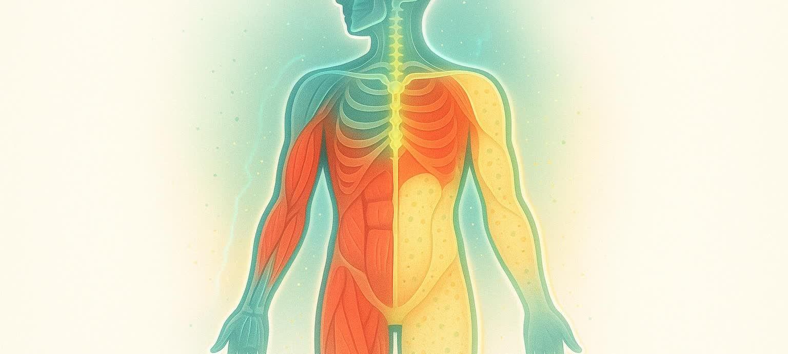 An anatomical illustration of the human upper body, with the right side showing muscles and bones in a reddish-orange hue, indicating pain or inflammation, and the left side showing a lighter yellowish hue, suggesting health or less inflammation. The spine and ribs are visible in light blue throughout. The image is on a light, faded background.