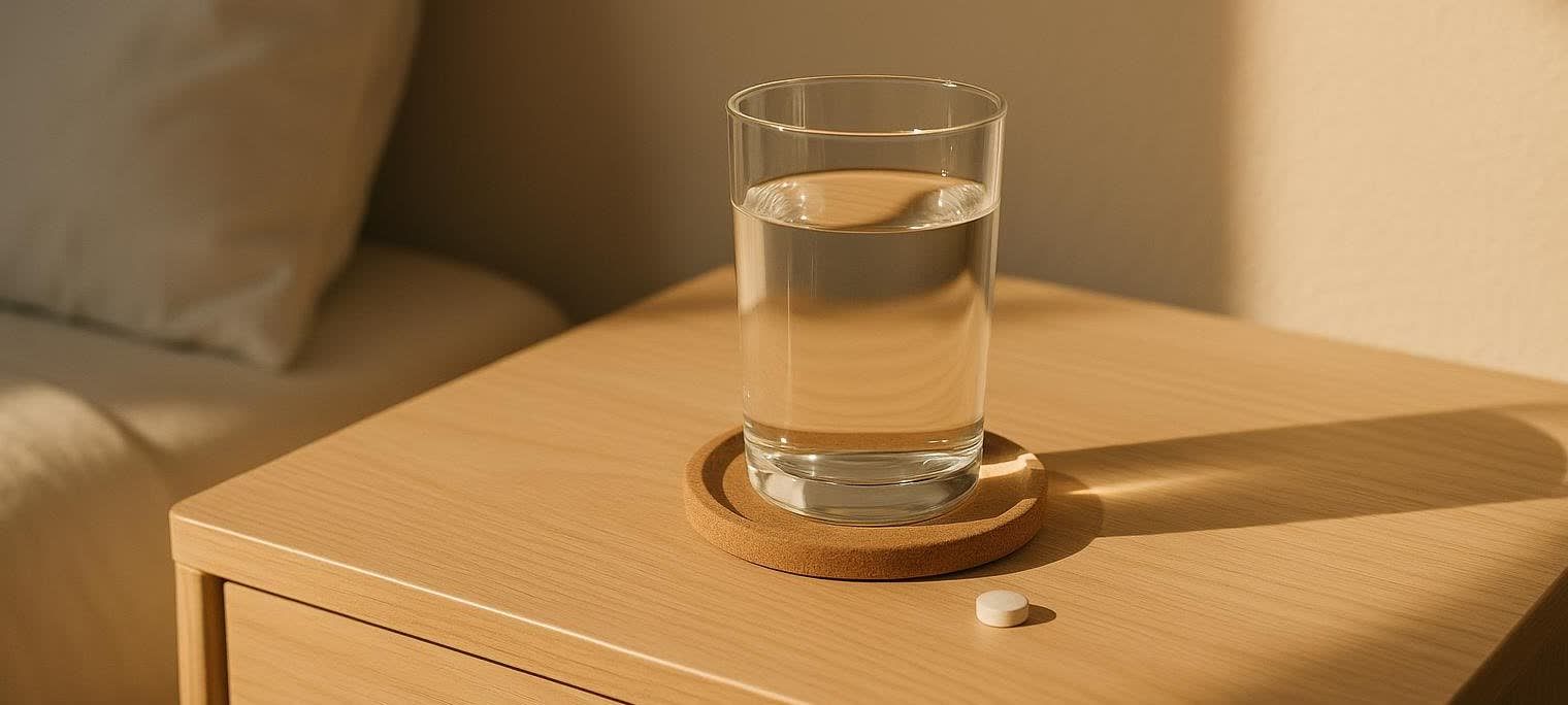 A single daily pill and a glass of water on a nightstand bathed in morning sunlight.