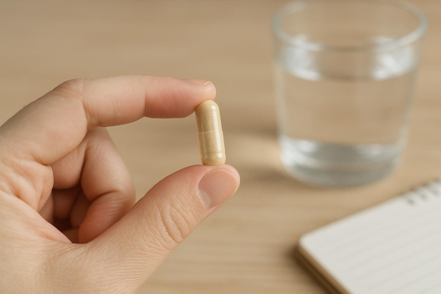 A close-up of a hand holding a single light brown vitamin capsule between two fingers, with a blurred glass of water and a notepad in the background.