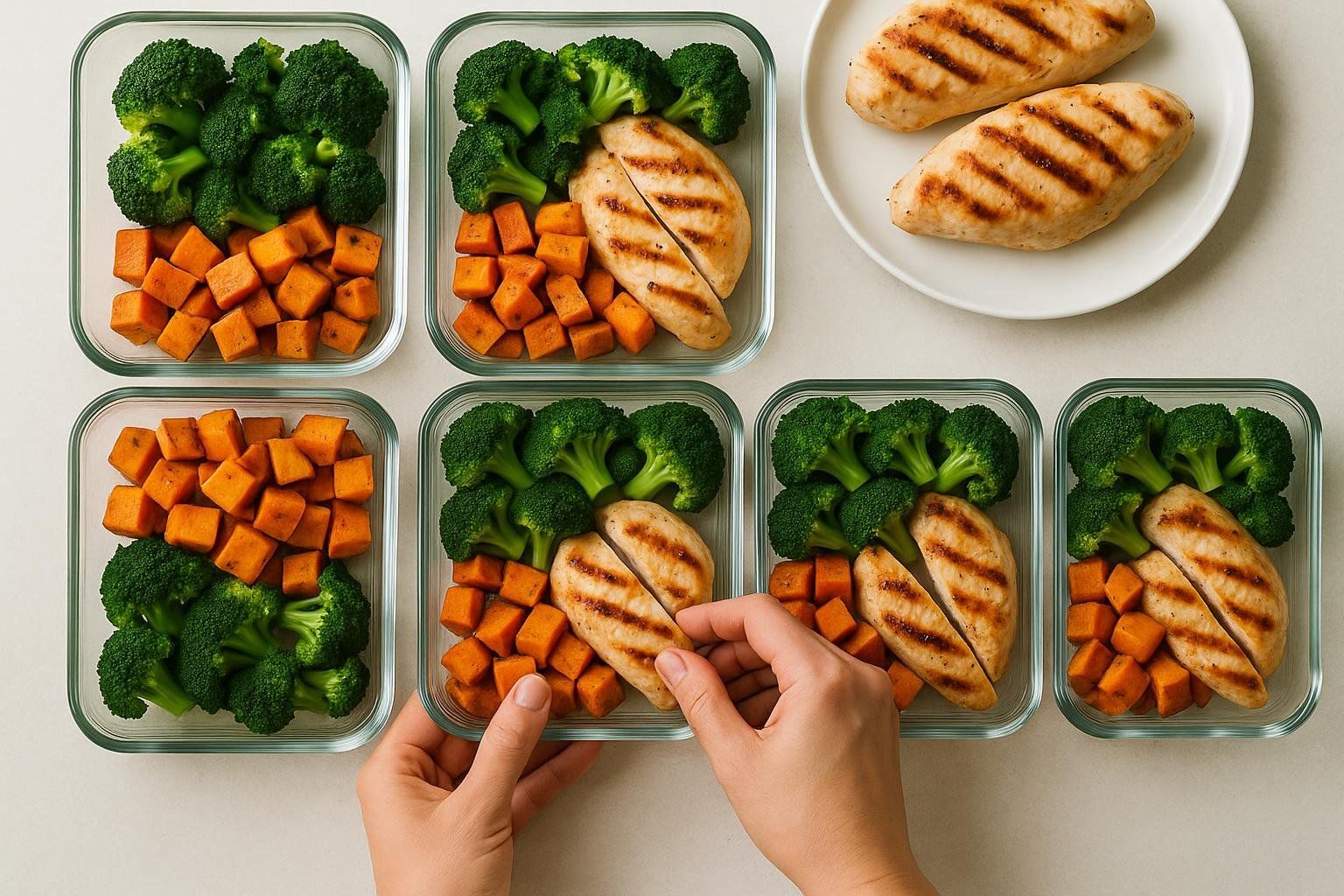 Overhead view of several clear glass meal prep containers filled with grilled chicken, broccoli florets, and diced sweet potatoes. A person's hands are visible, placing a piece of chicken into one of the containers, with more grilled chicken on a separate plate in the background. The alt-text describes the contents of the image in detail, including the type of food and containers, and the action being performed.
