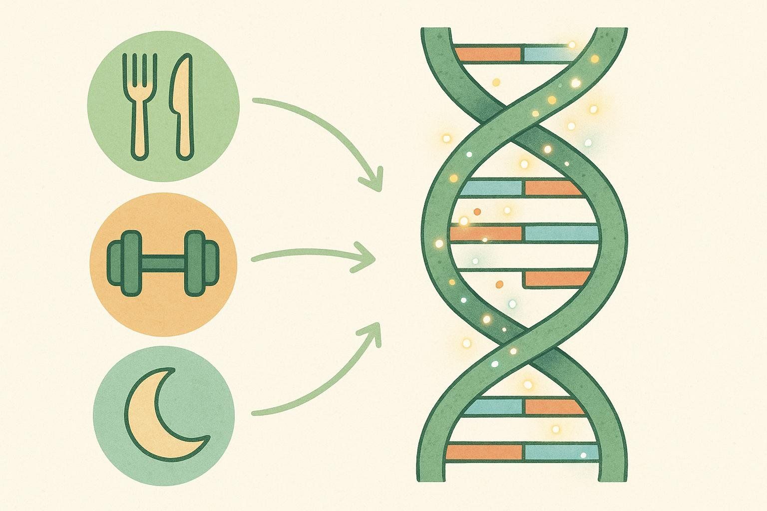 Illustration showing lifestyle factors like diet (fork and knife icon), exercise (dumbbell icon), and sleep (crescent moon icon) influencing a DNA strand, representing a concept in epigenetic age testing.