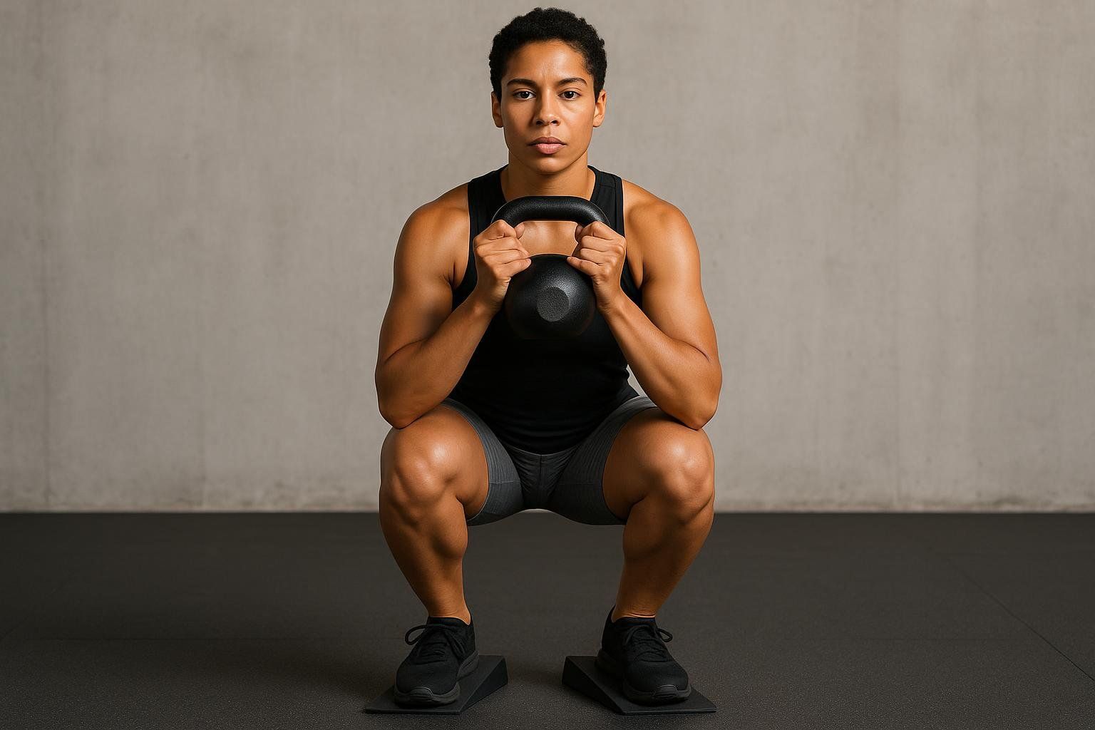 A person performing a heels-elevated cyclist squat with a kettlebell to isolate and strengthen the quadriceps. The person is positioned in a gym setting with a grey wall and black floor, holding a black kettlebell with both hands at chest level.