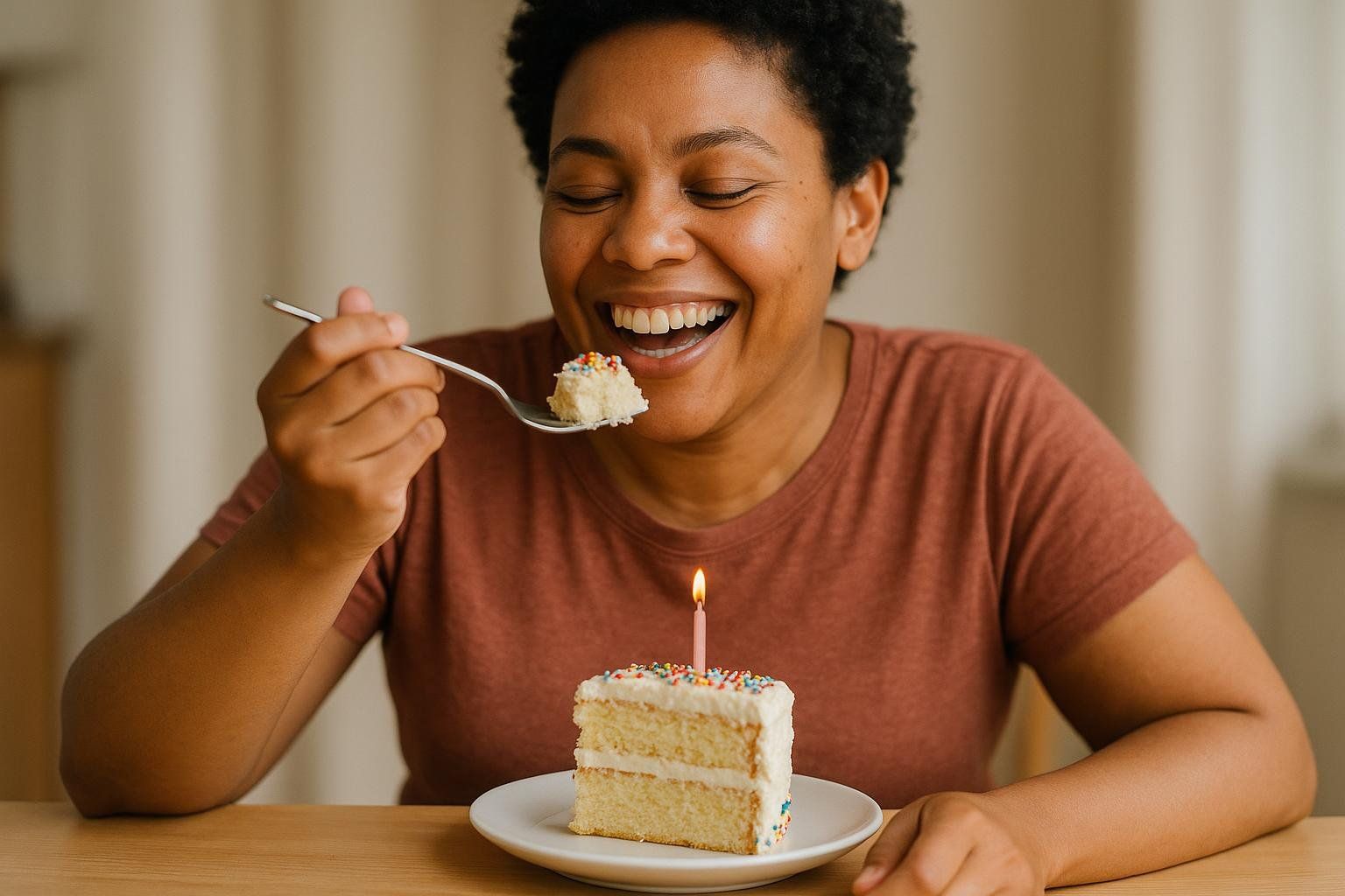 A person with short curly hair and a brown shirt is laughing joyfully as they hold a spoonful of birthday cake with sprinkles towards their open mouth. On the table sits a slice of vanilla cake with white frosting, colorful sprinkles, and a single pink candle with a flame.