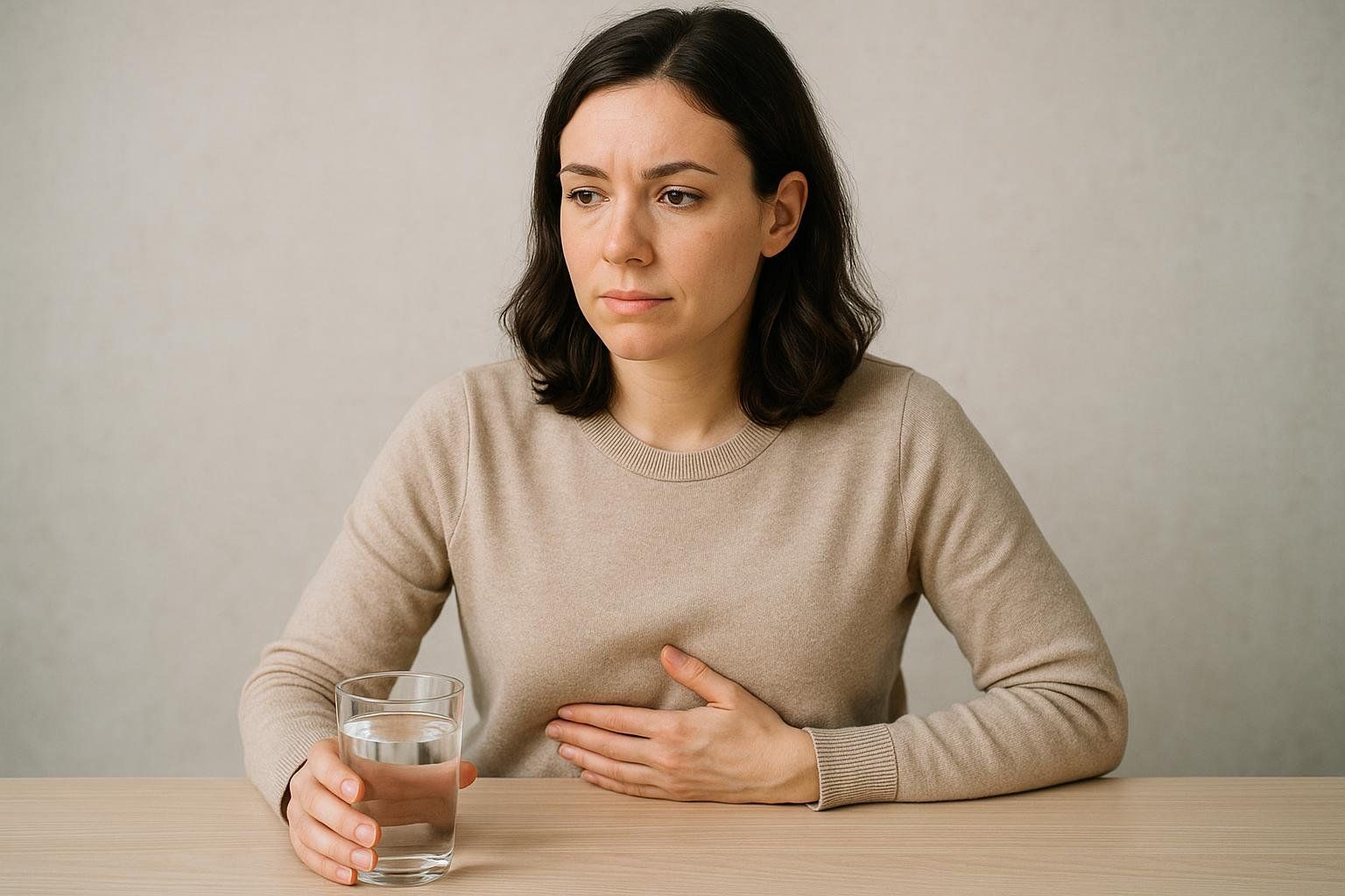 A woman with a pained expression holds her stomach with one hand and a glass of water with the other, indicating discomfort or illness.