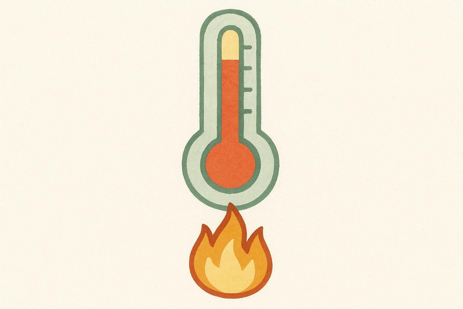 A stylized illustration showing a thermometer with a very high reading, and a small fire burning underneath it.