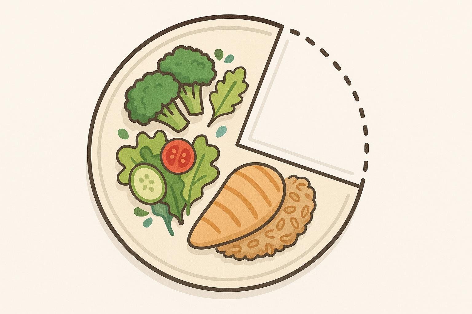 An illustration of a plate divided into quarters: one quarter contains chicken and rice, another quarter has a green salad with cucumber and tomato, a third quarter has broccoli florets, and the final quarter is empty and outlined with a dashed line, symbolizing a moderate calorie deficit.