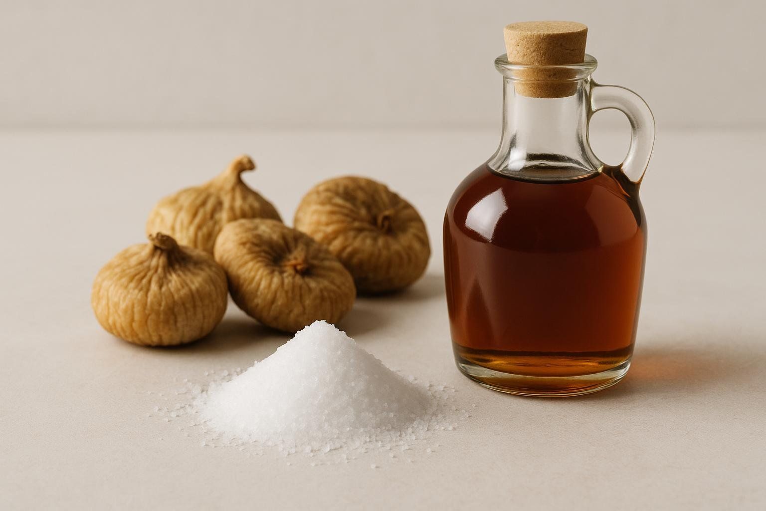 A close-up shot of a white pile of allulose crystals with four dried figs and a small bottle of maple syrup in the background, all on a light beige surface.