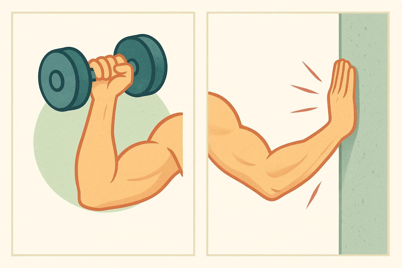 An illustration comparing isotonic exercise (an arm in motion lifting a weight) with isometric exercise (an arm held static, pushing against a wall). This showcases how isotonic involves movement and muscle shortening/lengthening, while isometric involves muscle tension without change in length or joint angle.