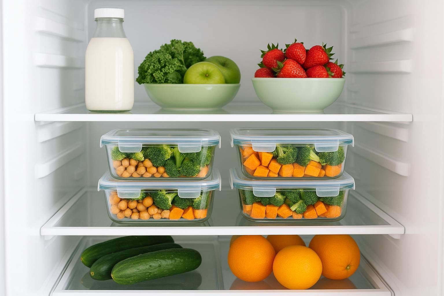 An organized refrigerator shelf with neatly stacked glass containers of prepped vegan food, including chickpeas, broccoli, and sweet potatoes, alongside bowls of kale, green apples, and strawberries, a bottle of milk, cucumbers, and oranges, highlighting proper storage.