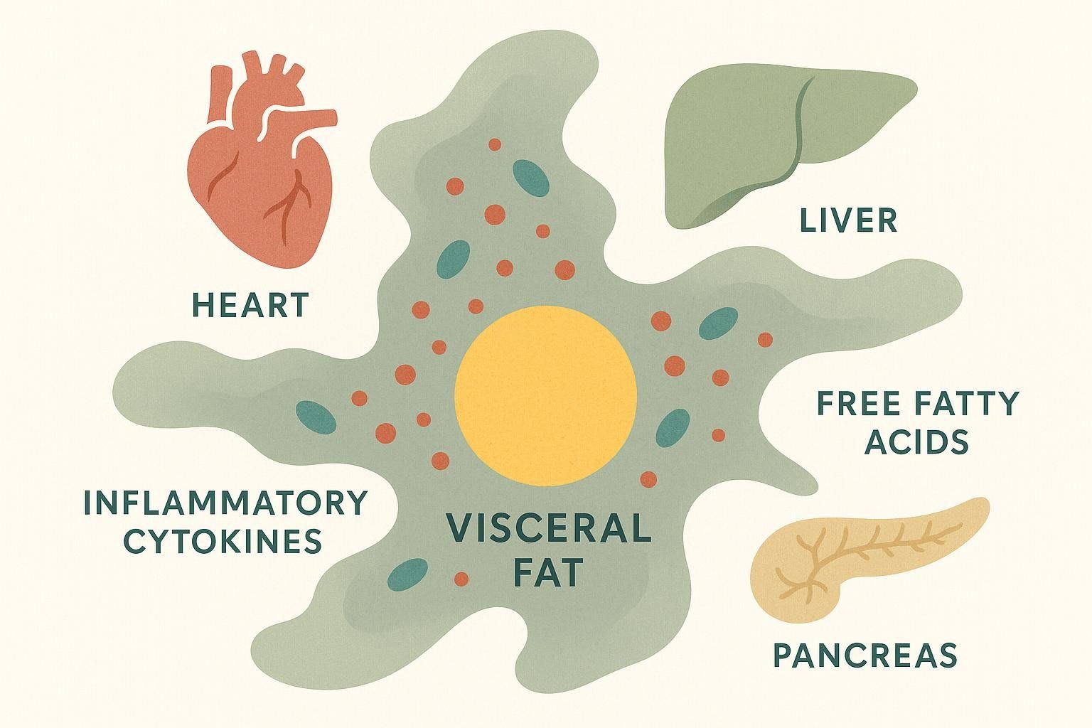 An illustration showing visceral fat releasing substances that affect the heart, liver, and pancreas.