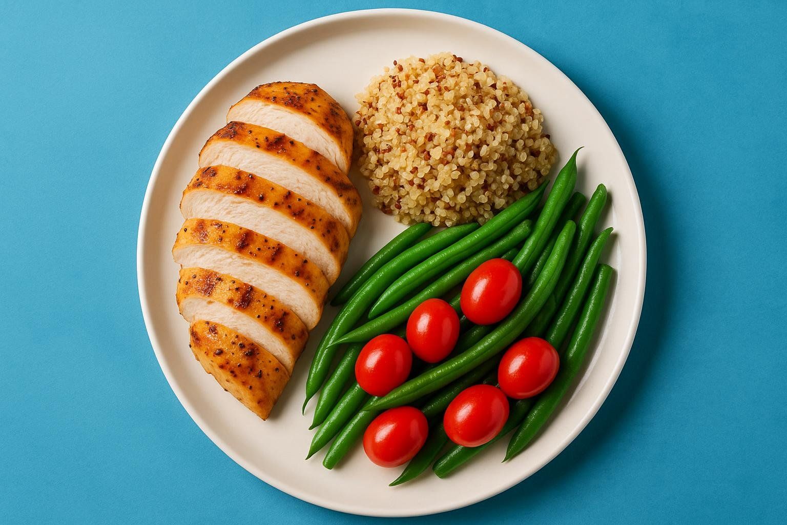 A high-protein meal of grilled chicken, quinoa, and vegetables, representing a key strategy to preserve lean mass.