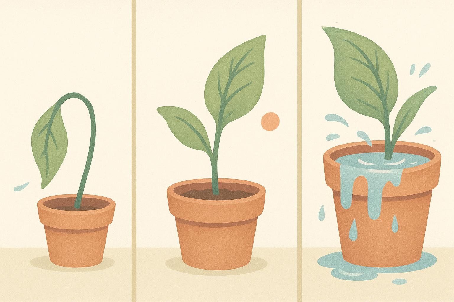 A three-panel illustration showing a wilted leaf for hunger, a healthy leaf for satisfied, and an overflowing pot for stuffed.
