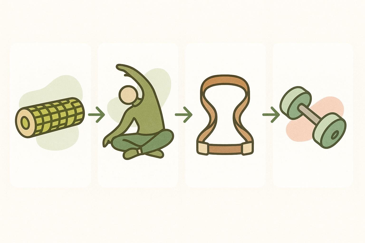 A four-step visual guide for fixing muscle imbalances, showing icons for a foam roller (release), a person stretching (lengthen), a resistance band (activate), and a dumbbell (integrate).