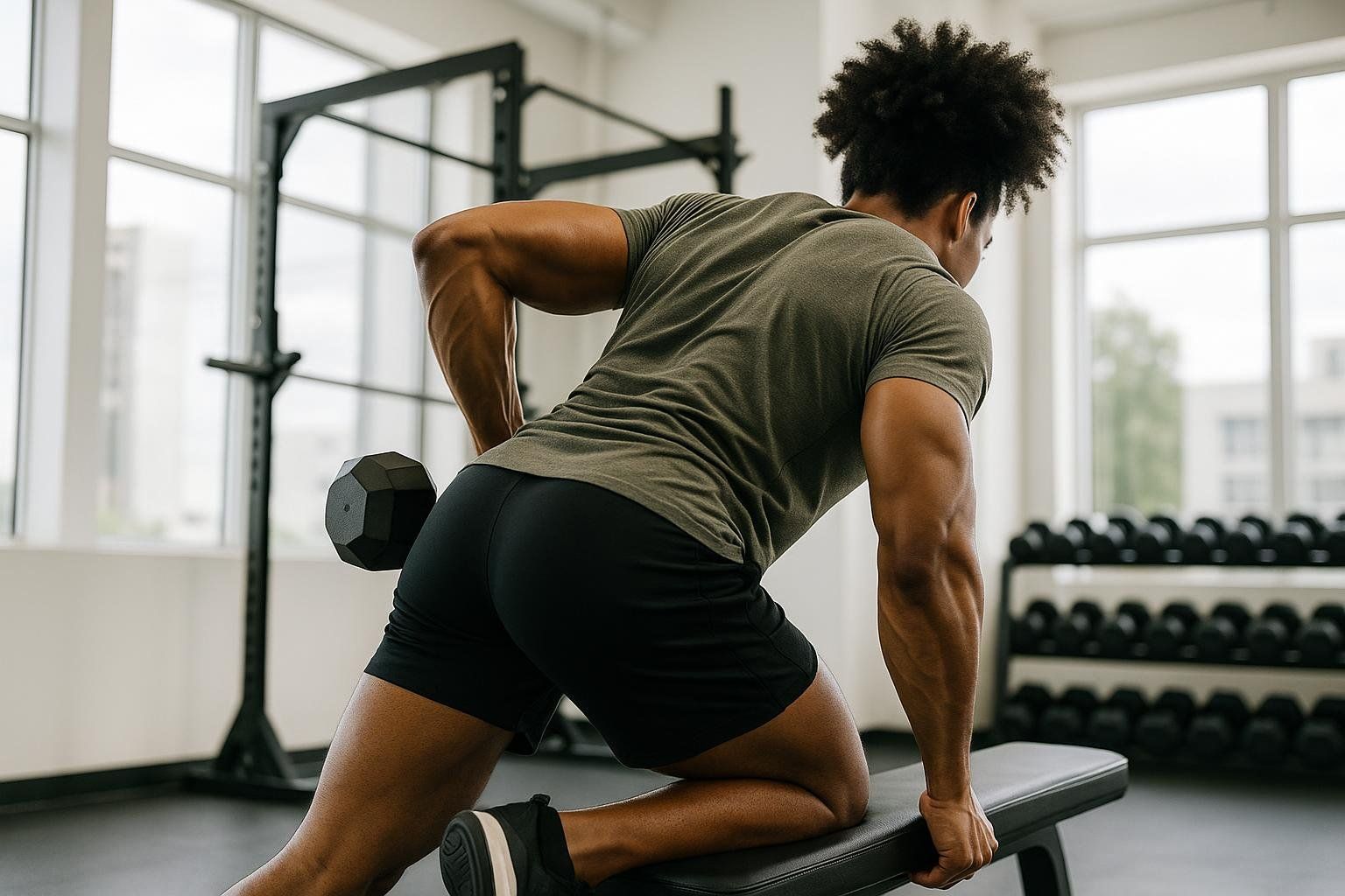 A man with an athletic build performs a dumbbell row in a gym. He is leaning on a weight bench with his right hand and left knee, lifting a black dumbbell with his left arm while looking towards the right side of the image.