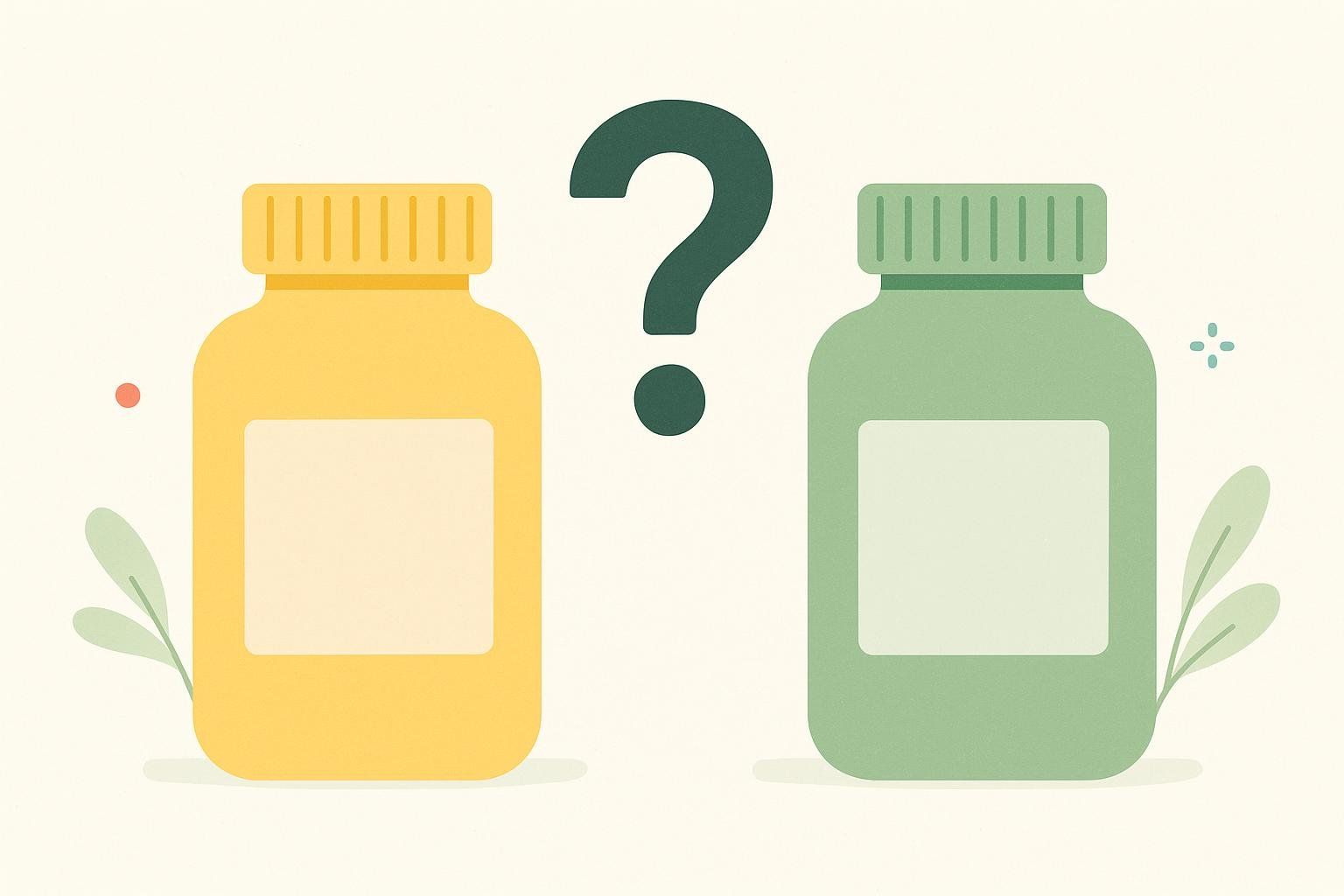 An illustration of a yellow supplement bottle and a green one with a question mark between them, signifying there is no official D3 to K2 ratio.