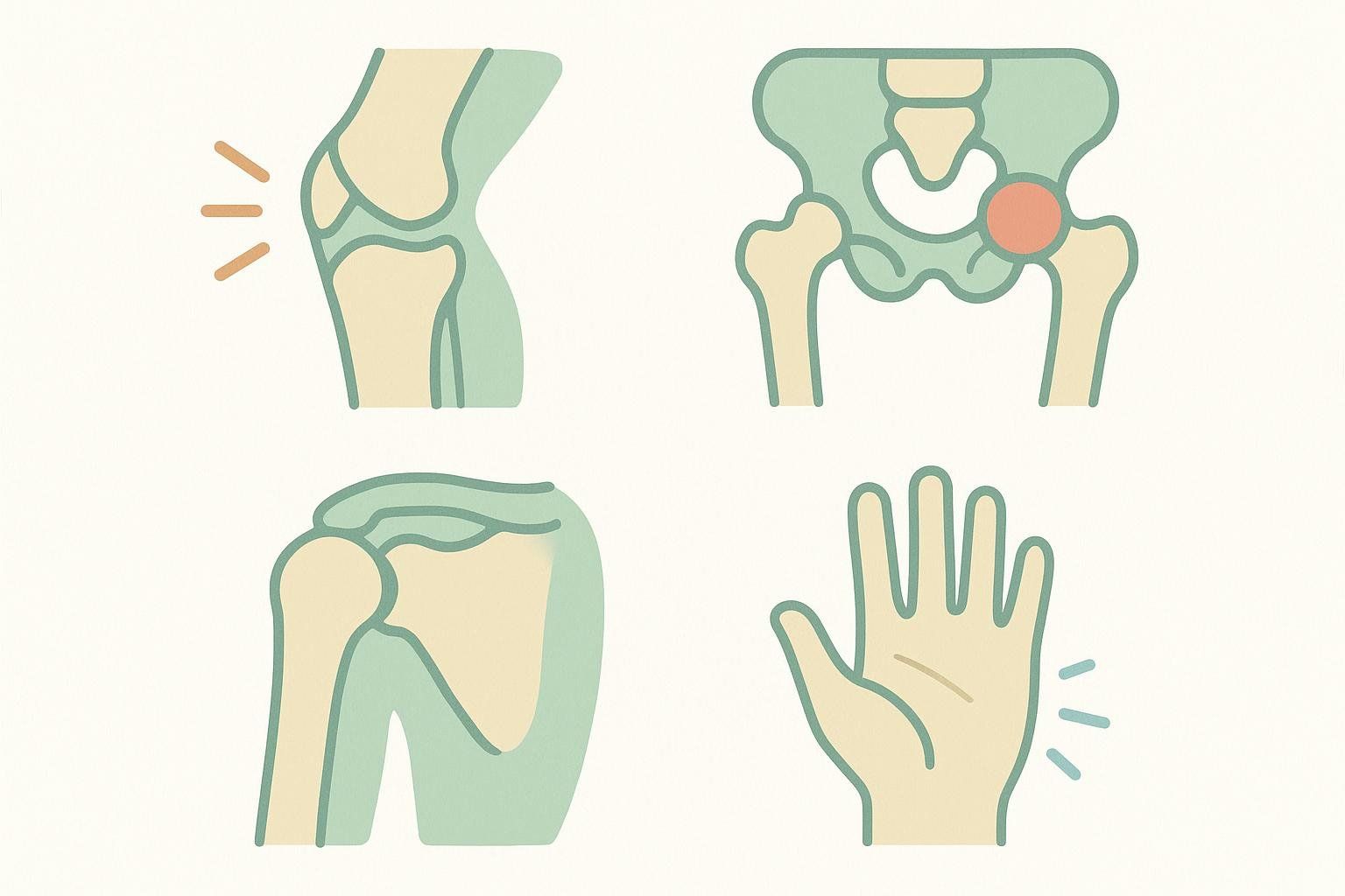 A grid of four minimalist icons depicting a knee, a hip, a shoulder, and a hand, with radiating lines indicating pain in the knee and hand. This image introduces a guide for joint-by-joint pain relief.
