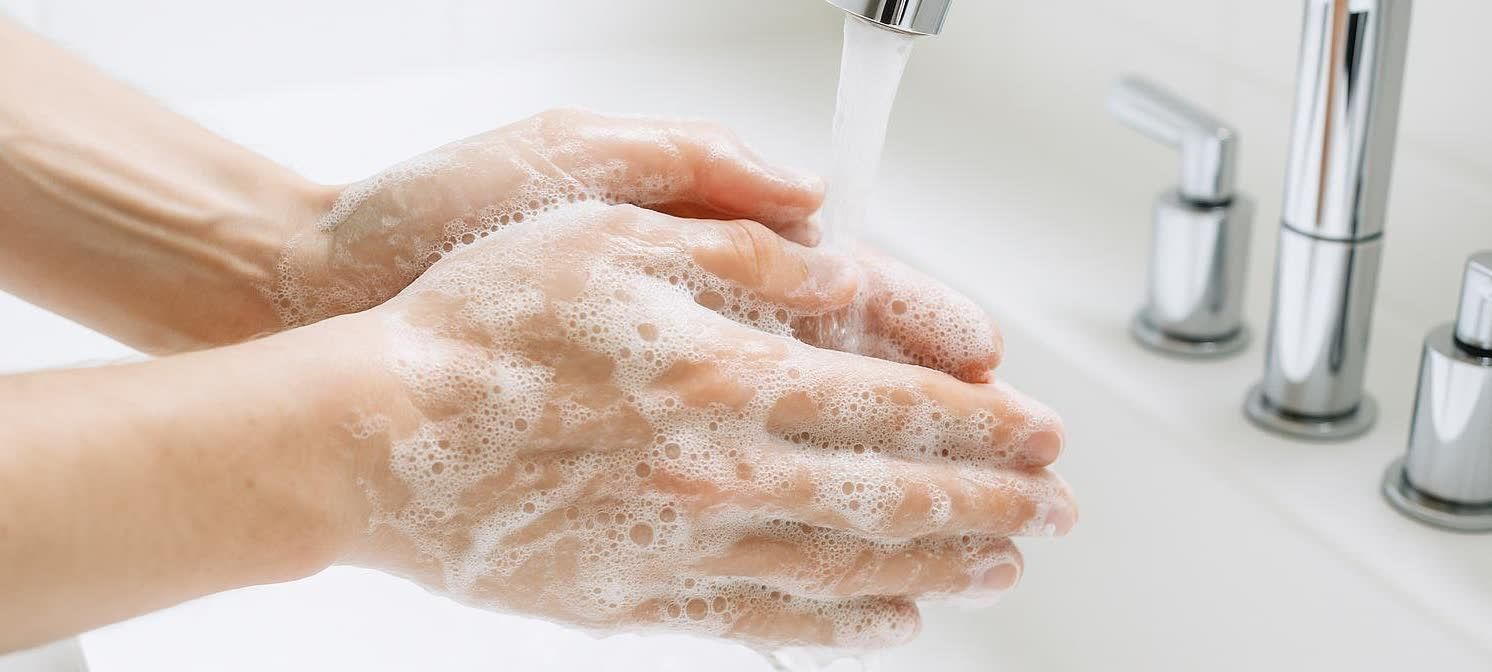 A close-up shot of hands being thoroughly lathered with soap under running water from a chrome faucet in a white sink, demonstrating proper handwashing technique.