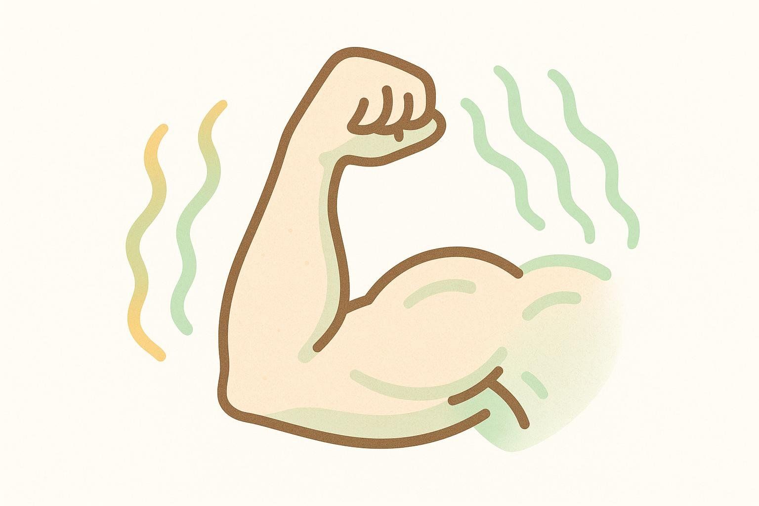 An abstract illustration showing a flexed bicep with green and yellow wavy lines emanating from it, symbolizing the higher metabolic rate and energy output of muscle tissue.