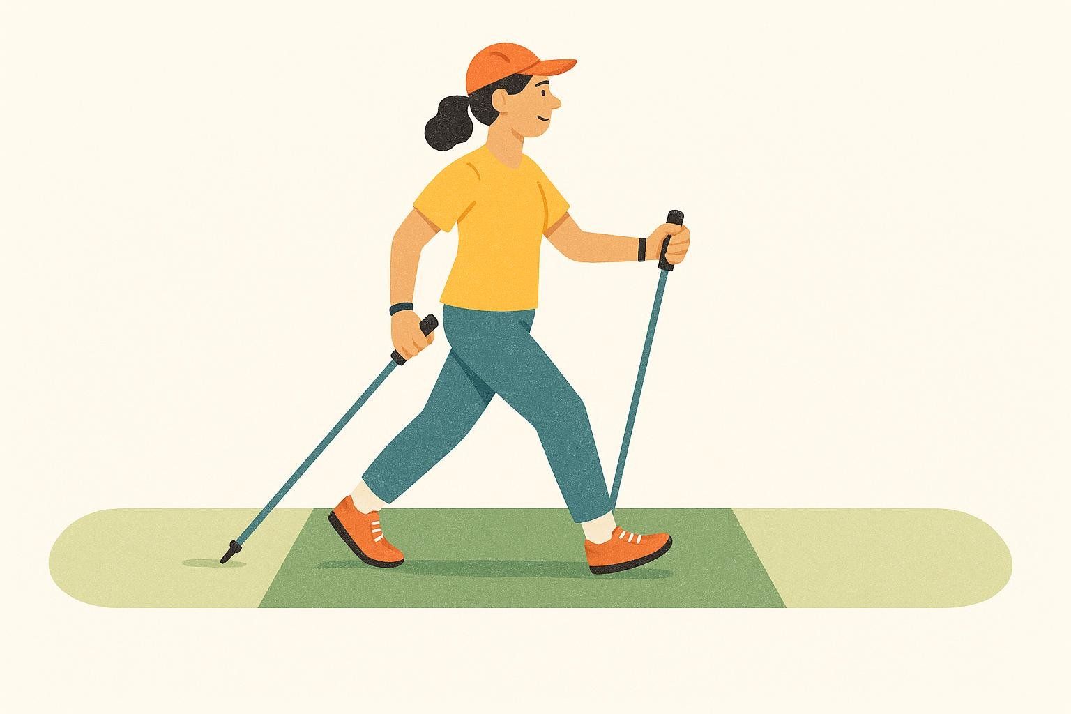 An illustration of a workout path, color-coded to show the warm-up, main set, and cool-down phases of a Nordic walking session.