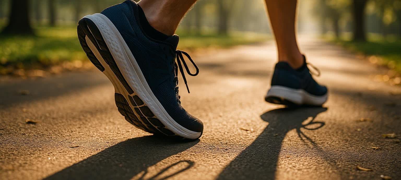 Close-up of a person's feet wearing dark running shoes as they walk or run on a paved park path during golden hour, with their stride showing the motion.