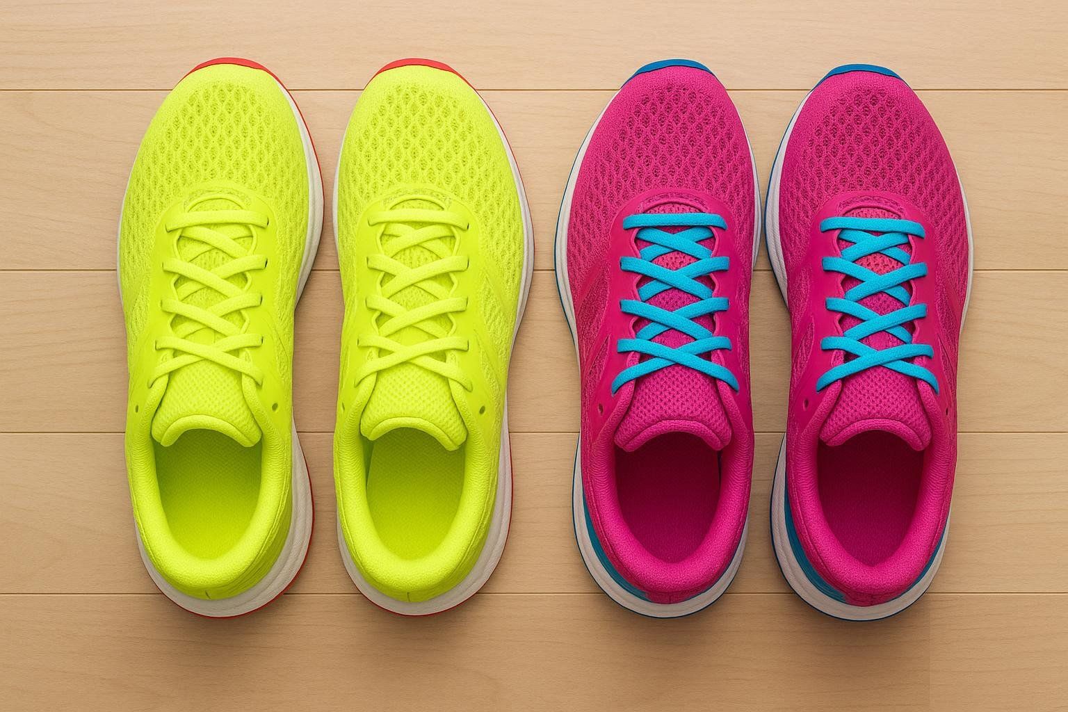 Two pairs of brightly colored running shoes are shown side-by-side on a light wooden floor. On the left are two neon yellow shoes with matching yellow laces. On the right are two hot pink shoes with contrasting bright blue laces. This image illustrates the concept of rotating footwear to extend its lifespan.
