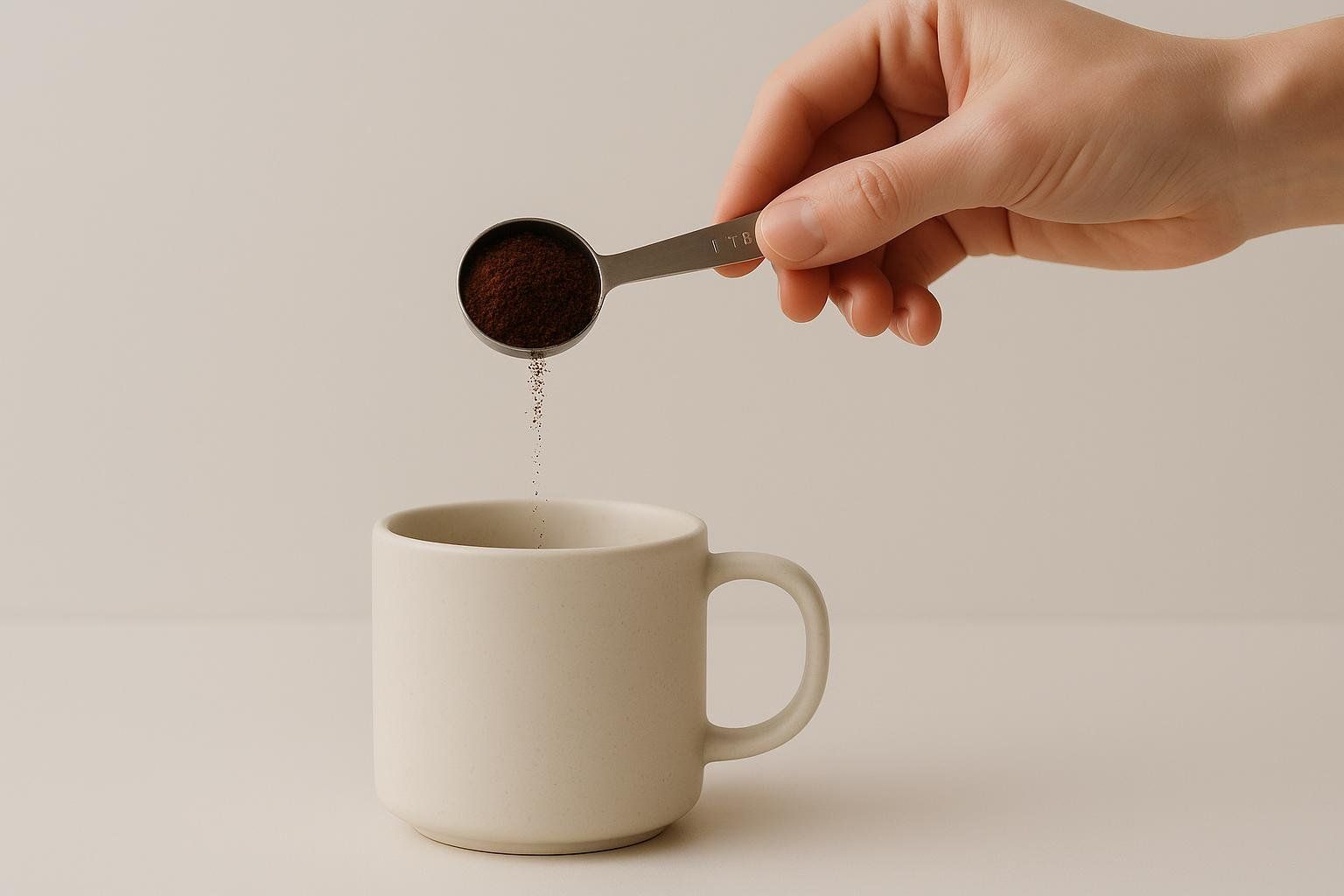 A person's hand holding a tablespoon of coffee grounds, carefully pouring them into a cream-colored mug below. Fine particles of coffee grounds are visible falling into the mug.