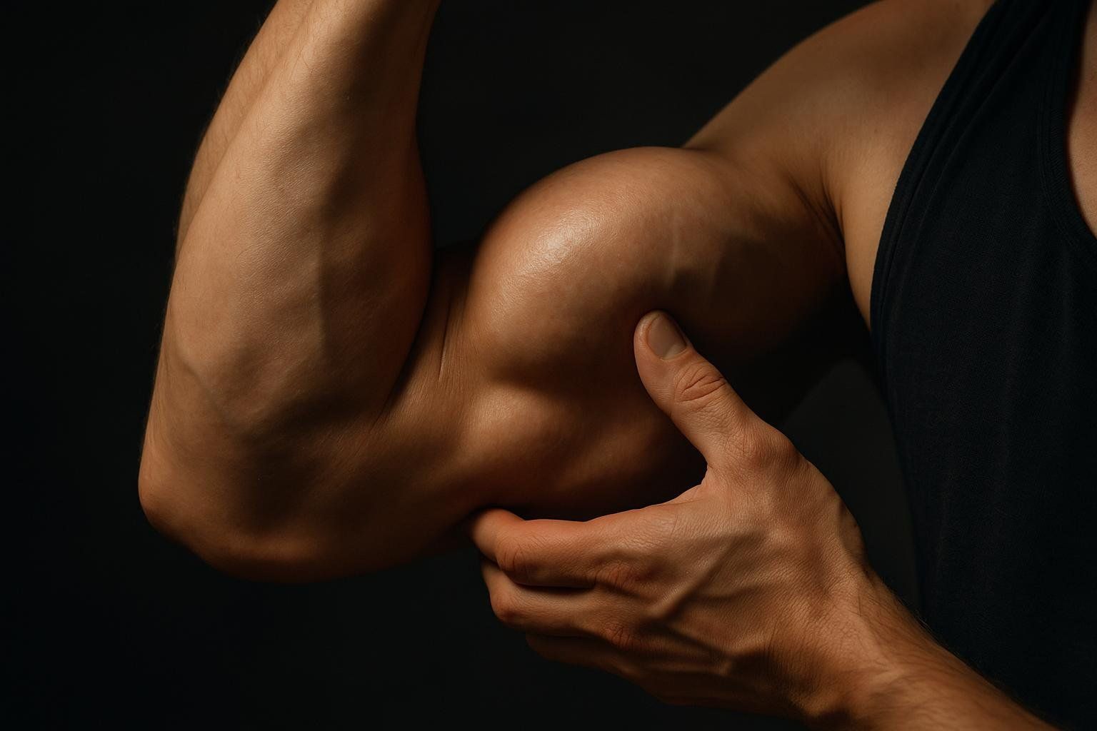 A person's hand pressing on a flexed, full bicep, highlighted against a dark background, suggesting a post-workout 'pump' or muscle definition.