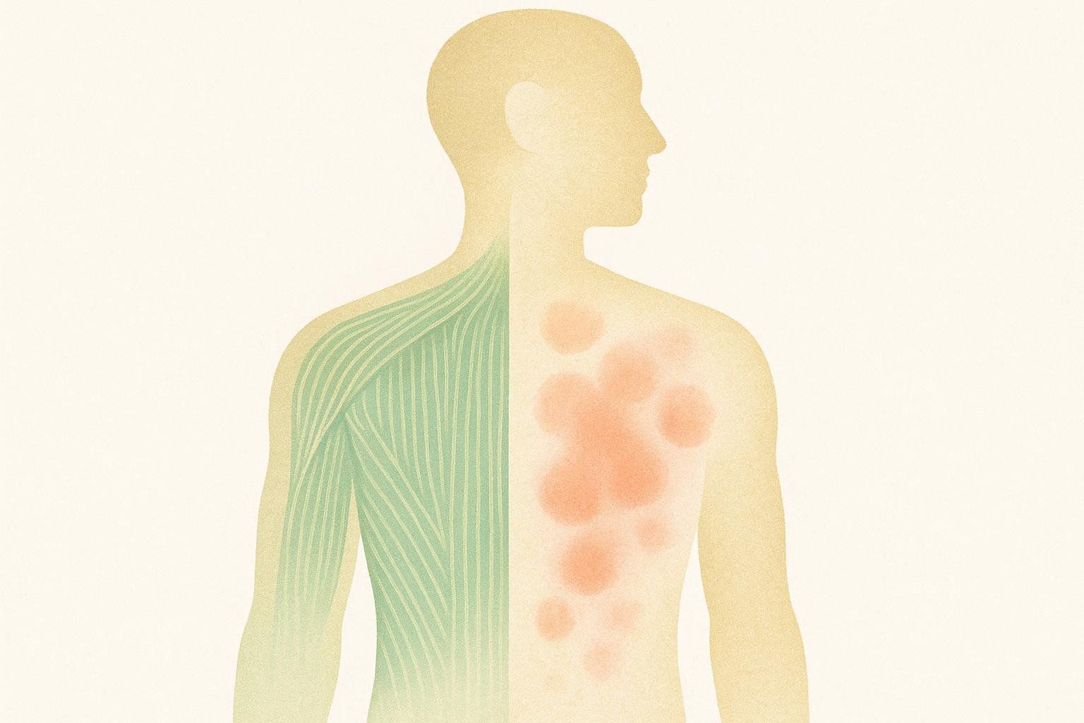 Abstract illustration of a human torso showing a side-by-side comparison of muscle and fat distribution. The left side (from the viewer's perspective) shows green, linear patterns representing muscle, while the right side displays red, circular shapes representing fat, suggesting a process of body recomposition.