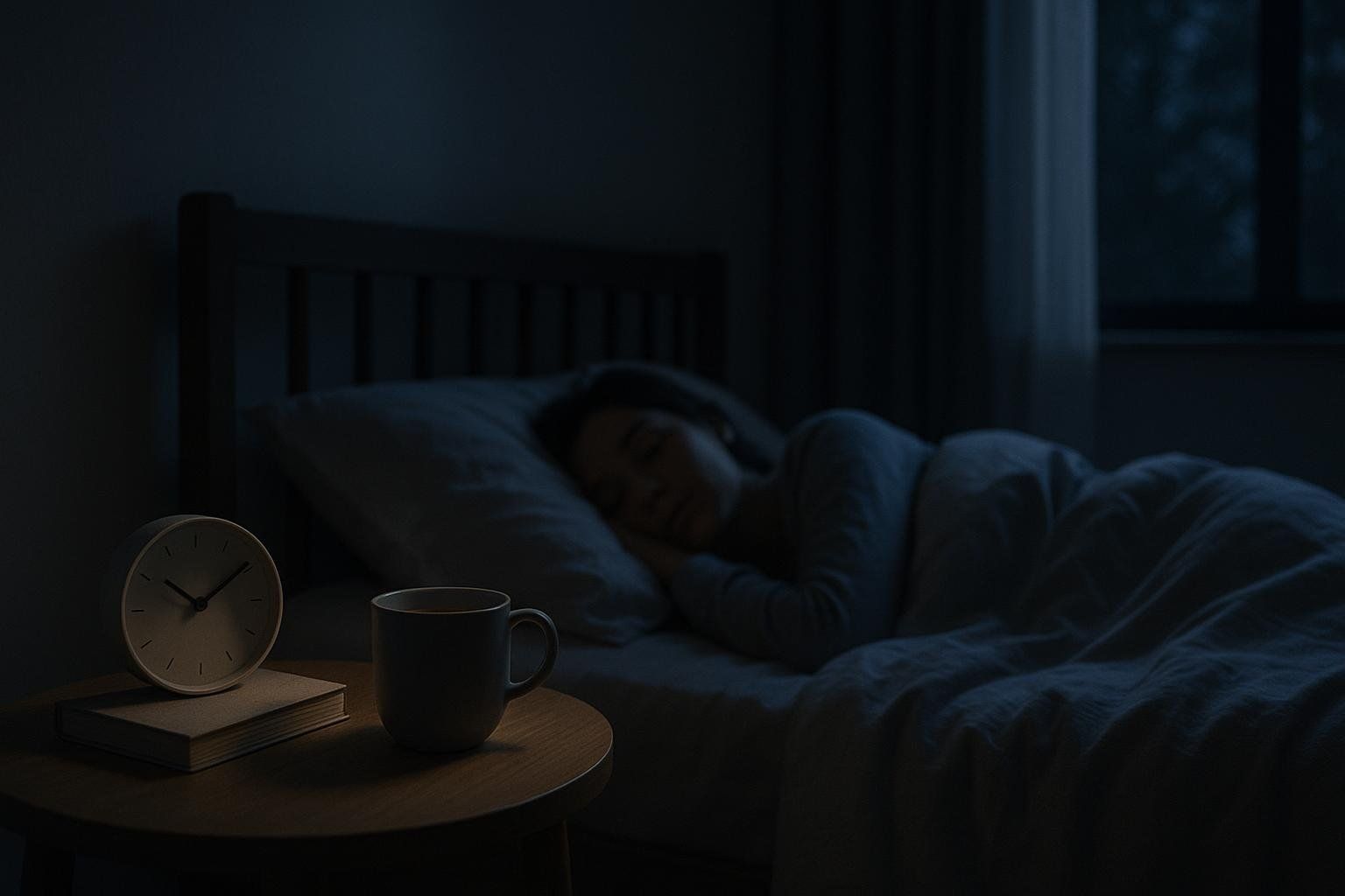 A woman is sleeping in a dark room. On the nightstand next to her bed, illuminated by a small light, are an alarm clock, a book, and a mug of coffee or tea.
