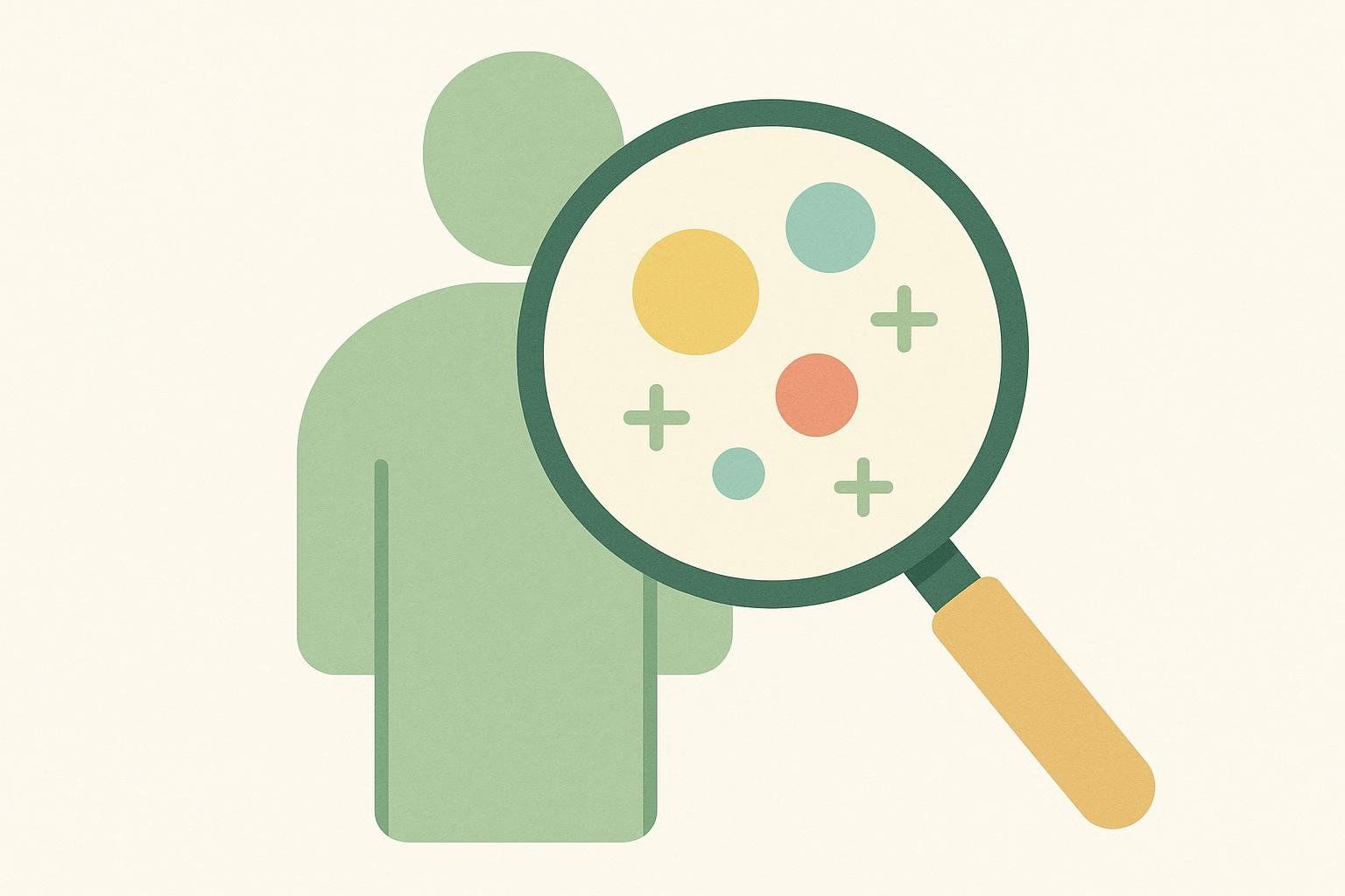 An illustration of a green human silhouette with a magnifying glass held over it. Inside the magnifying glass, colorful circles and plus signs represent data points or body composition details.