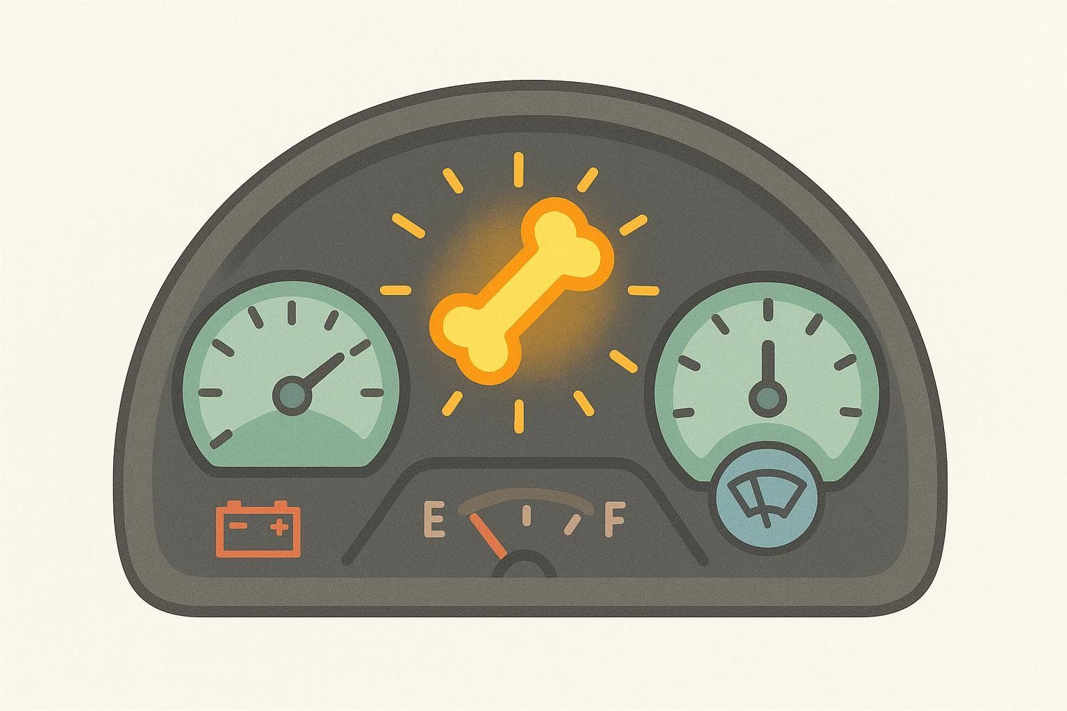 Illustration of a 'bone health check-engine light' on a dashboard, symbolizing early wellness screening prompting further checks.