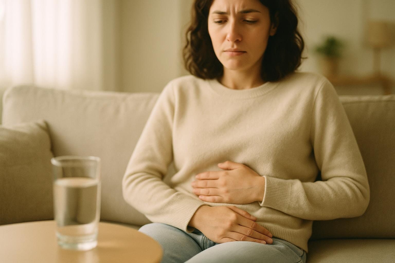 A woman with short, curly dark hair sits on a beige couch, holding her stomach with both hands and looking down with a pained expression. She appears to be experiencing stomach discomfort, possibly nausea. A glass of water is visible on a small round table next to her.