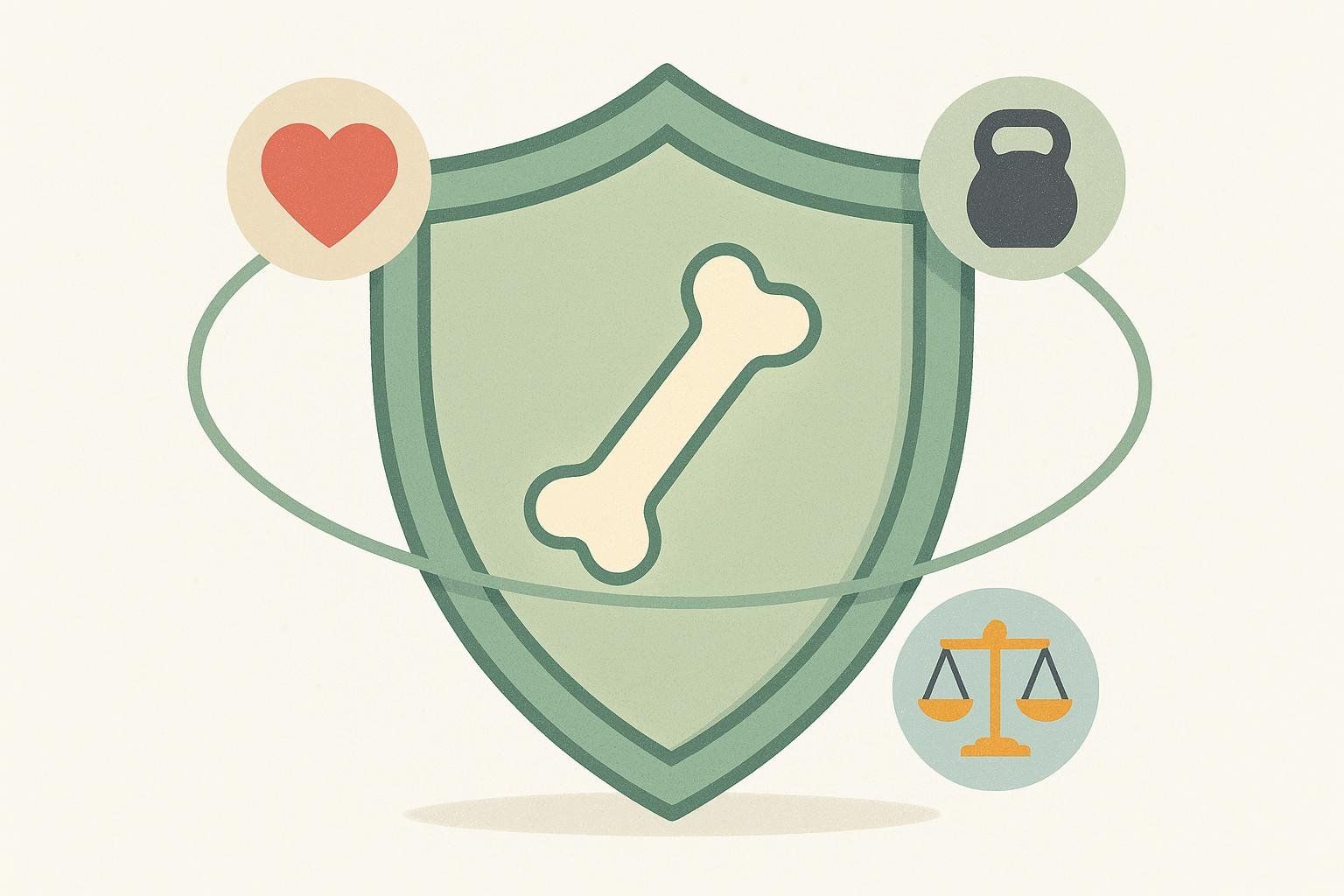 An icon representing the menopause support benefits of HIIT, including improved bone density, heart health, and hormone balance. The image features a shield with a bone inside, surrounded by a red heart, a black kettlebell, and a golden set of scales on a light background. These symbols are encircled by a curved line, suggesting comprehensive health protection.