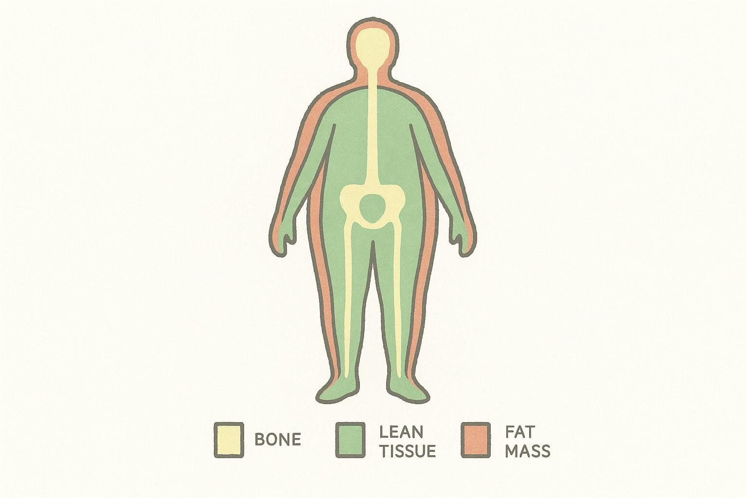 Abstract body outline showing regions indicating bone, lean tissue, and fat mass, representing a DEXA scan.