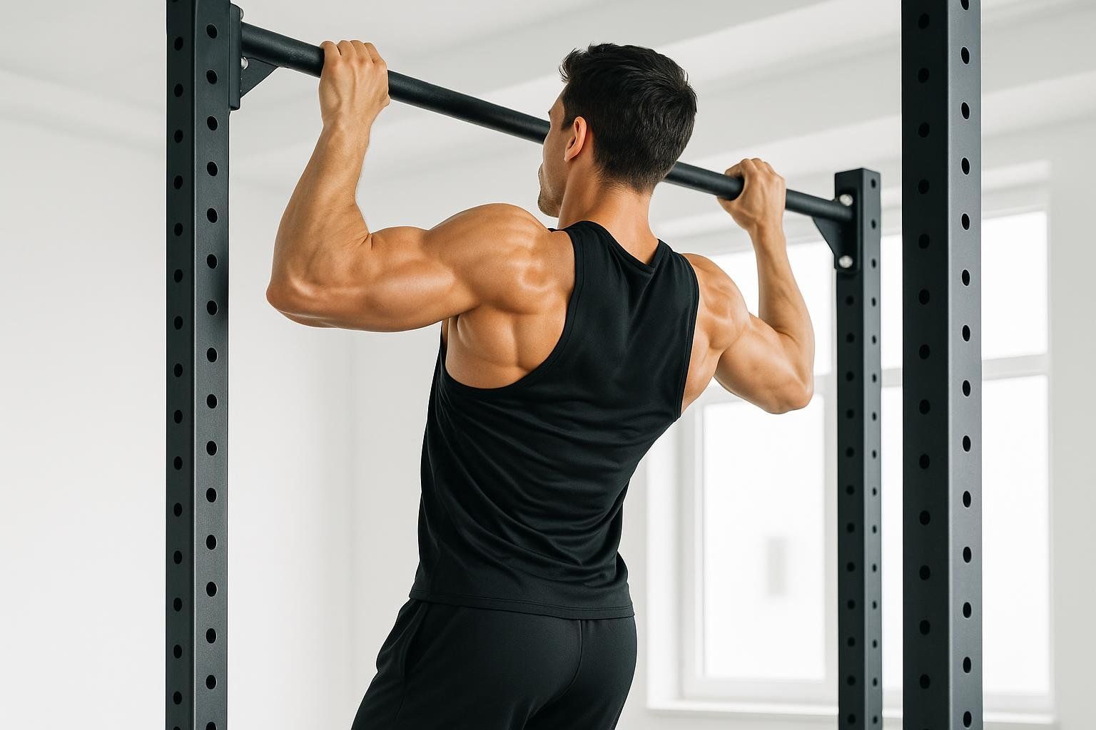 A man with a muscular back and arms performs a pull-up on a black fitness rack, demonstrating good form for resistance training. He is wearing a black tank top and black athletic pants, with a window visible in the background.