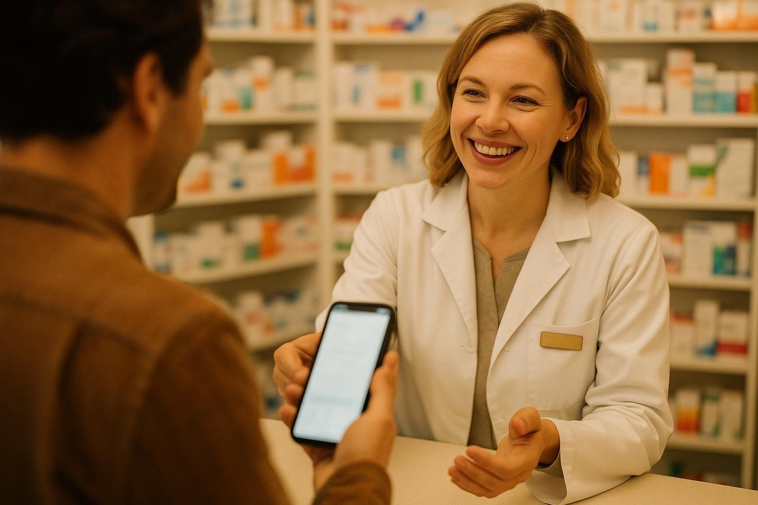 A customer at a pharmacy shows their smartphone with a GoodRx coupon to a smiling pharmacist, who is wearing a white lab coat.