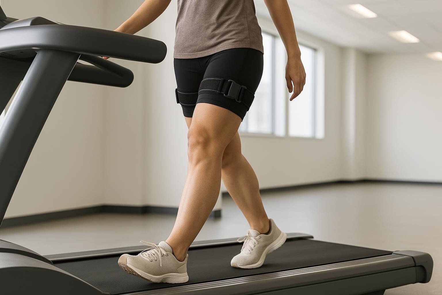 A person wearing blood flow restriction (BFR) cuffs on their upper thighs is shown walking on a treadmill, likely for aerobic exercise or rehabilitation.