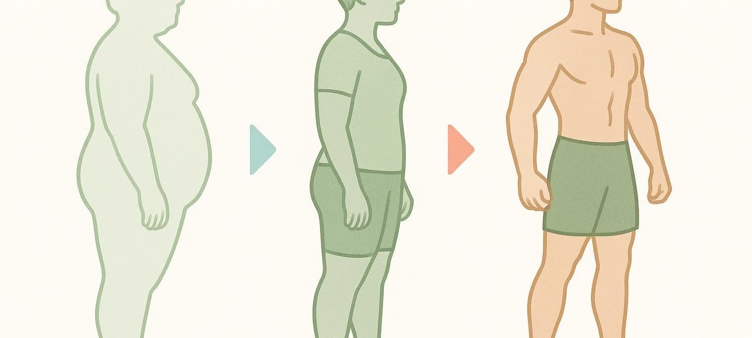 A stylized illustration depicts the gradual transformation of a person's physique, moving from a large, obese figure, to a slightly fitter, more active physique, and finally to a muscular, fit, and lean body, representing the positive results of CrossFit training over several months.