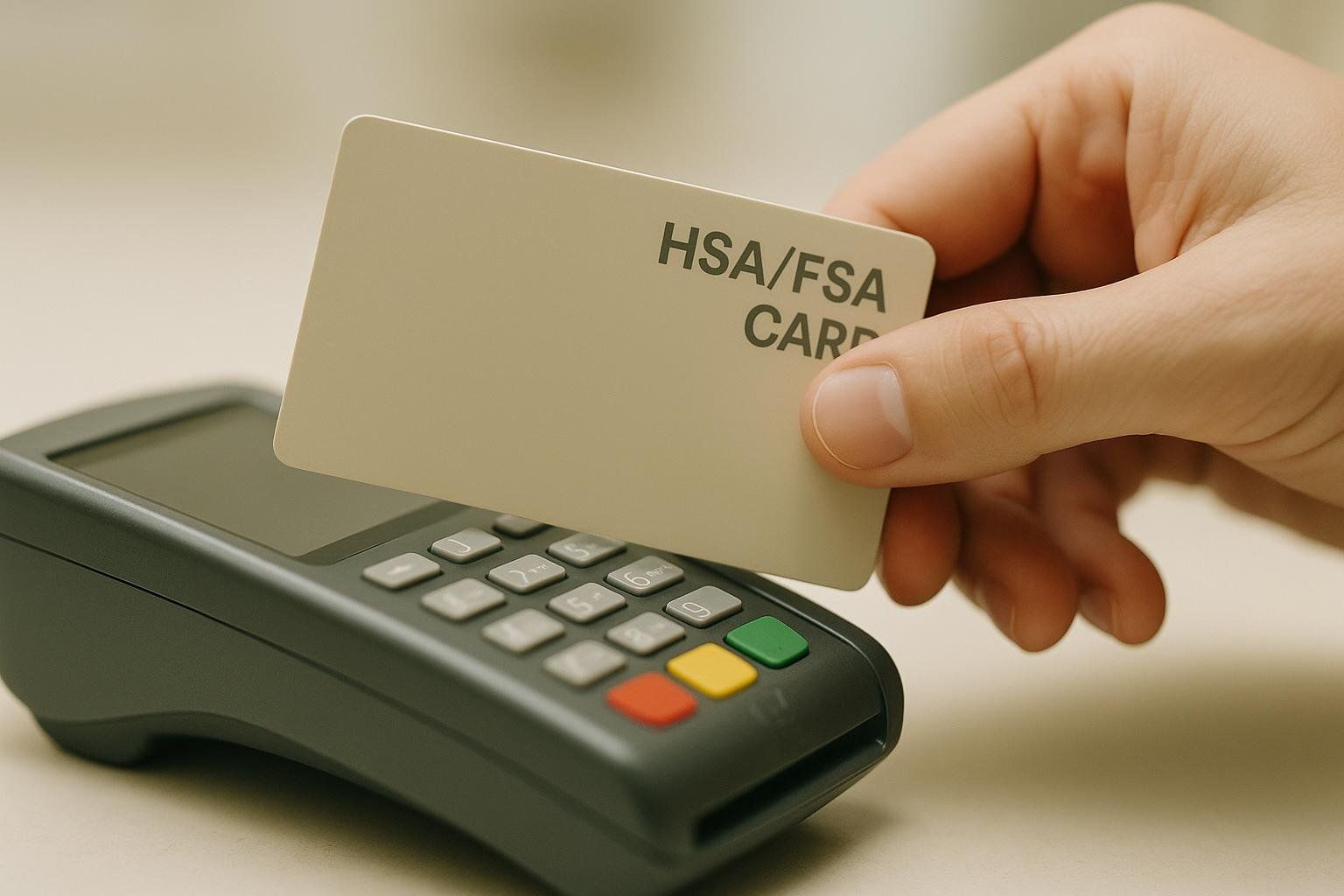 A hand inserts a card into a payment terminal, illustrating that HSA and FSA cards are accepted for payment.