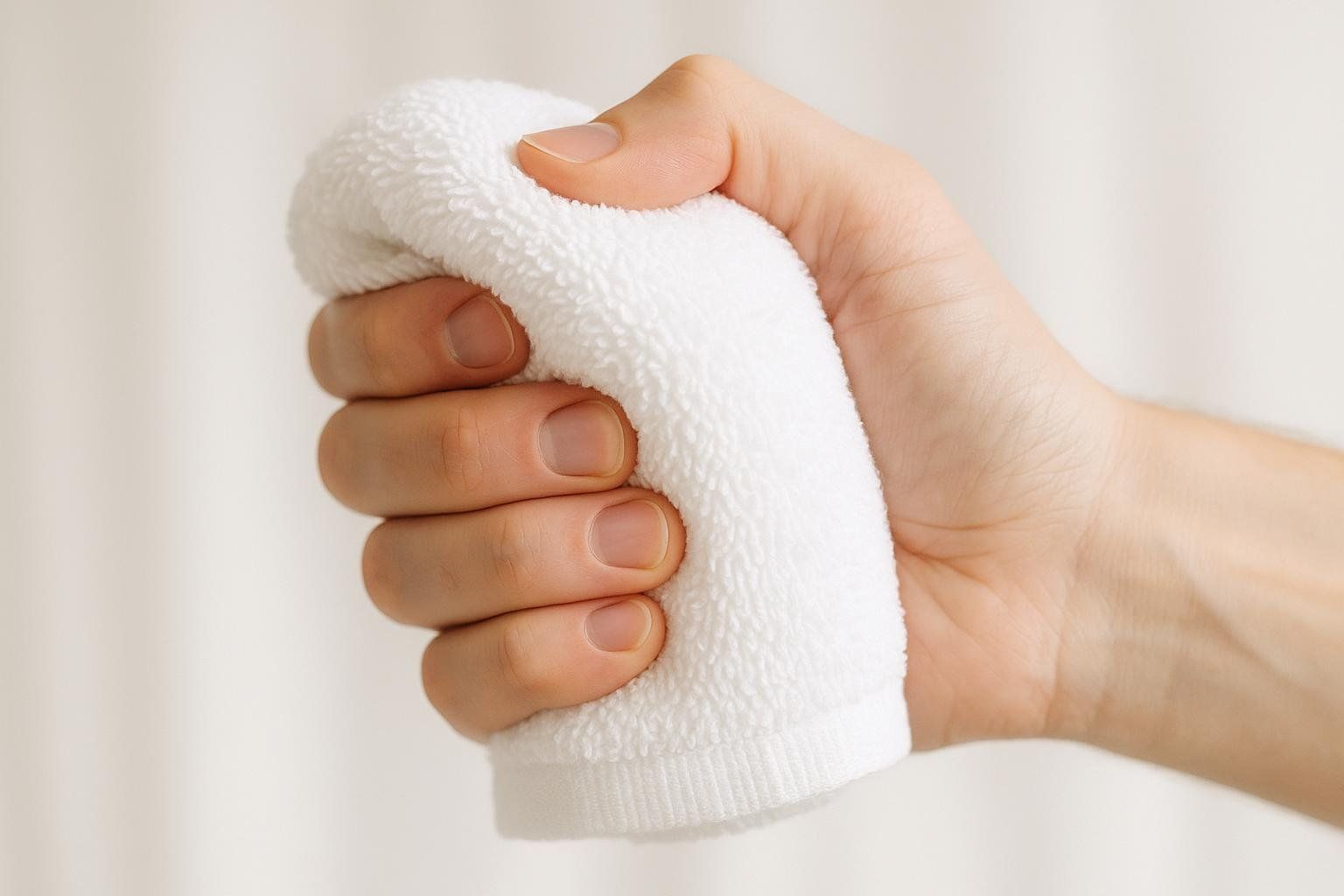 A close-up of a hand performing a gentle strengthening exercise by squeezing a rolled white towel. The fingers are curled around the towel, and the knuckles are visible.