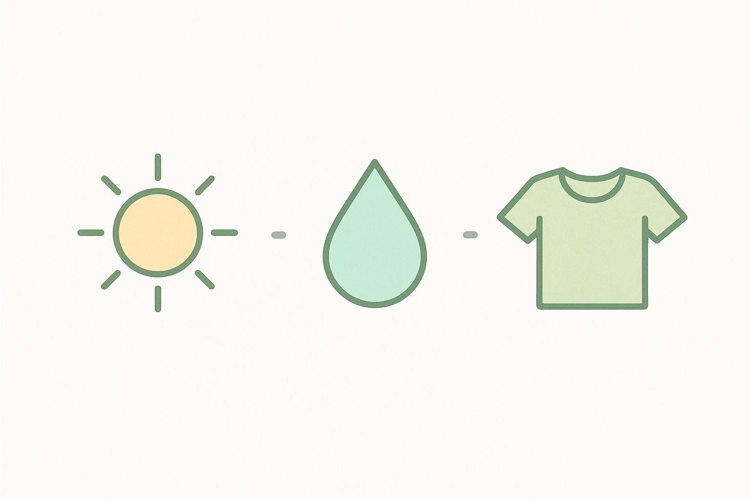 Icons of a sun, a water droplet, and a t-shirt, symbolizing a consistent preparation routine for a scan procedure. The icons are arranged horizontally on a light beige background.