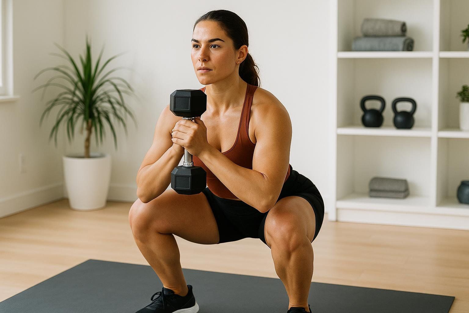 A strong woman in athletic wear performing a goblet squat with a single dumbbell in a well-lit home gym setting.