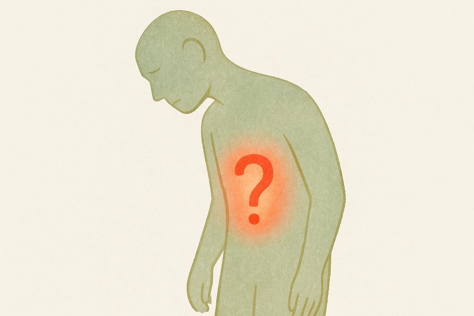 Illustration of a person with a question mark over their stomach, representing the process of identifying digestive issues or indigestion.