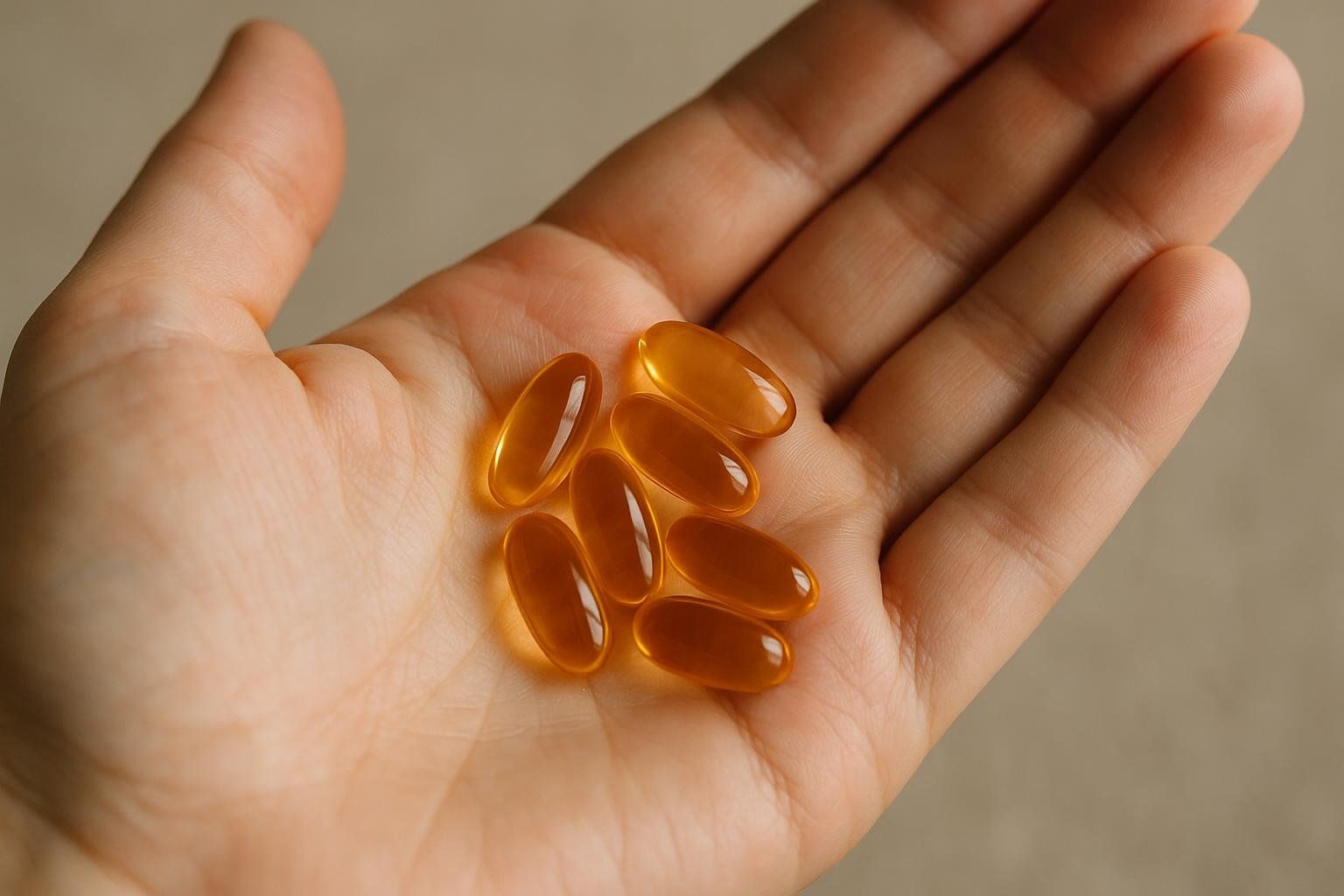A hand holding several amber-colored CLA softgels in an open palm. The capsules are oval-shaped and shiny.