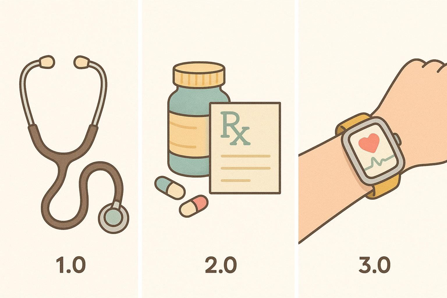 An illustration in three panels depicting the evolution of medicine: Panel 1.0 shows a stethoscope, Panel 2.0 shows a prescription bottle with pills and a prescription pad, and Panel 3.0 shows a wrist wearing a smartwatch displaying a heart and an ECG wave.